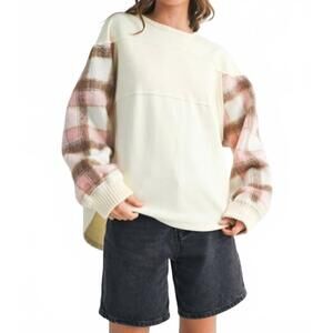 NEW AMIE & CO rebecca plaid pullover in ivory, pink, brown, white